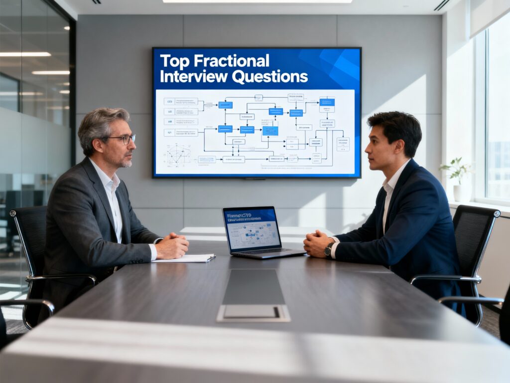 two people discussing a slide deck titled top fractional interview questions in a conference room