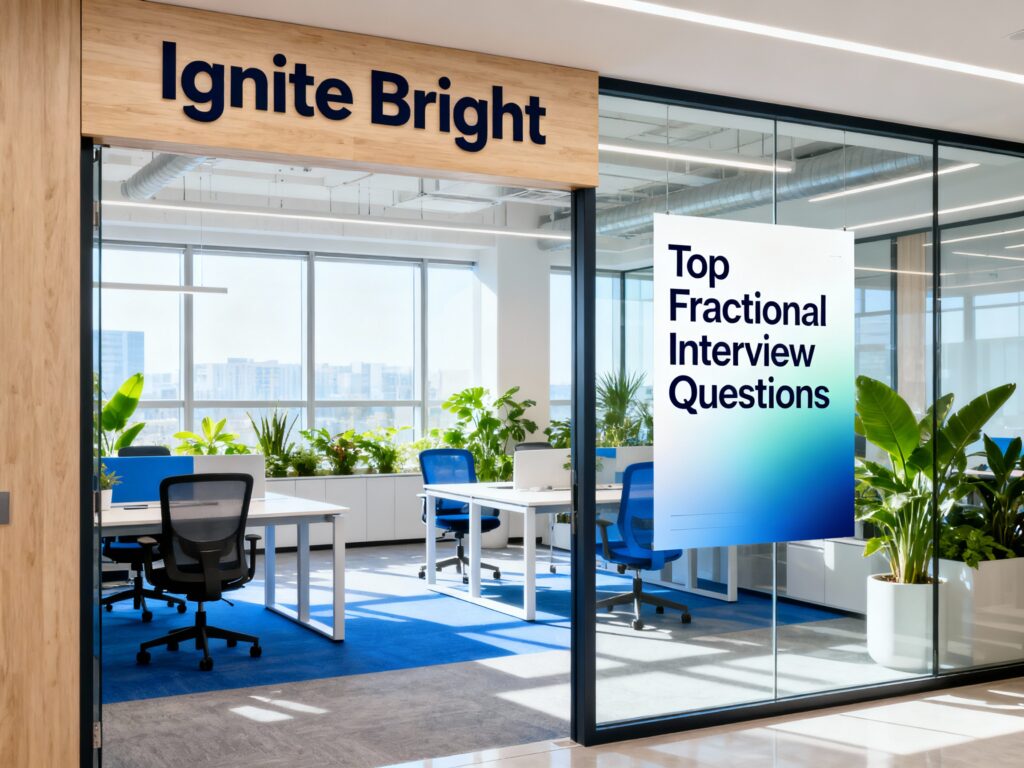 top fractional interview questions on a poster on a startup office space's window.